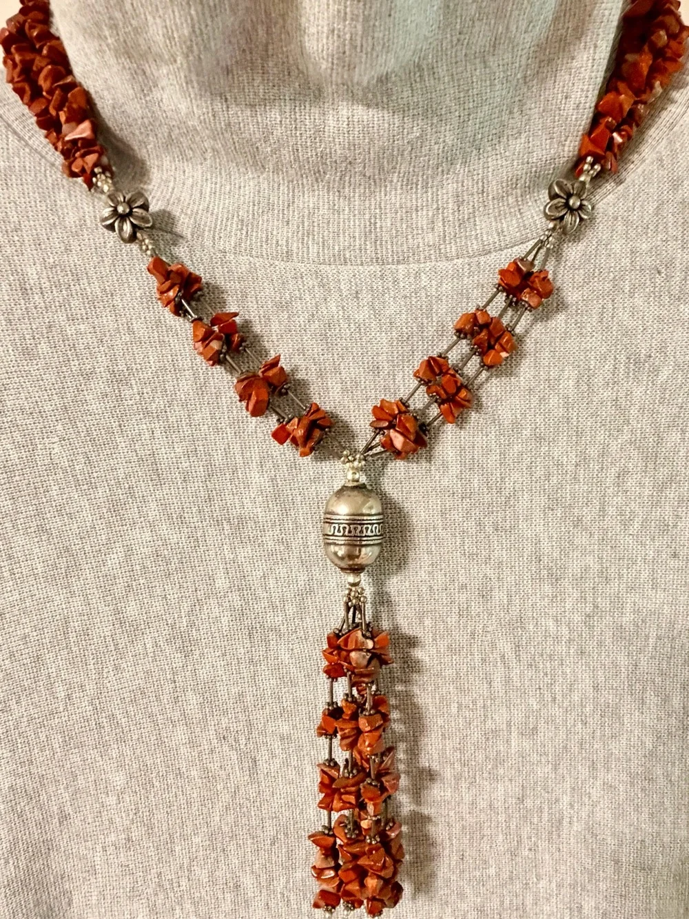 Artisan Orange Chip Bead Silver Tone Tassel Statement Necklace